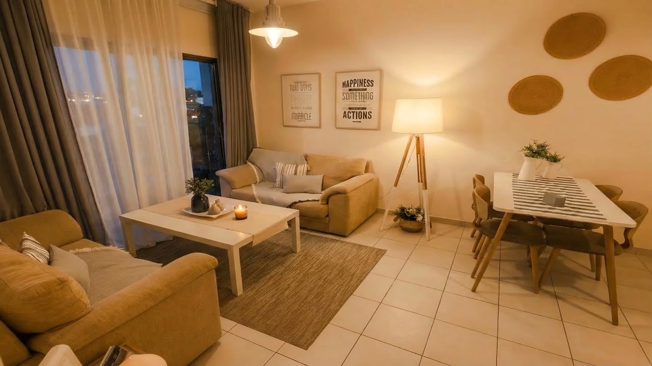 Living room at night with warm ambient lighting